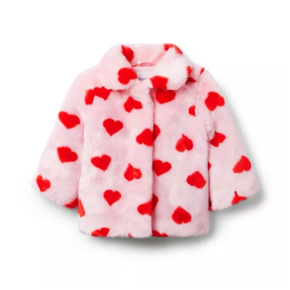 Janie & Jack pink red heart fuzzy faux fur button up jacket - Picture 1 of 6